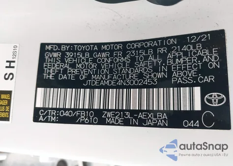 2022 Toyota Corolla Hybrid Le из США, поврежденный, VIN JTDEAMDE4N3002453